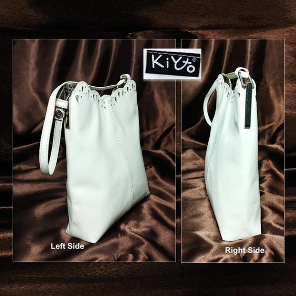 KIYTO Japan white Leather Satchel Perforated Scalloped Edge Shoulder Bag Purse - Picture 6 of 11